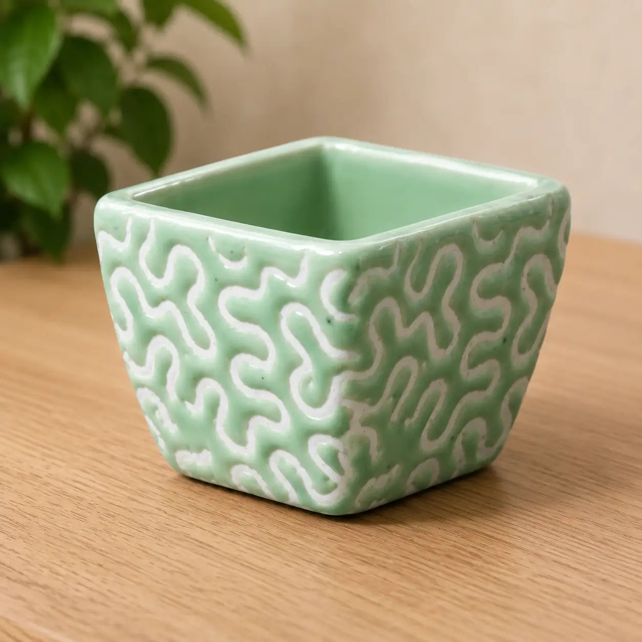2 Inch Green Ceramic Pot with White Designs