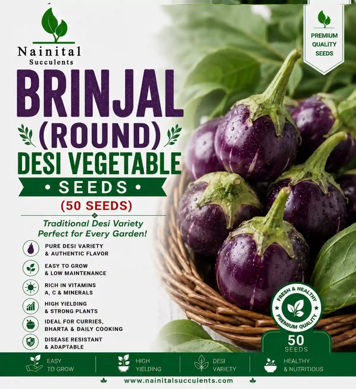 BRINJAL (ROUND) DESI VEGETABLE SEEDS (50 seeds)