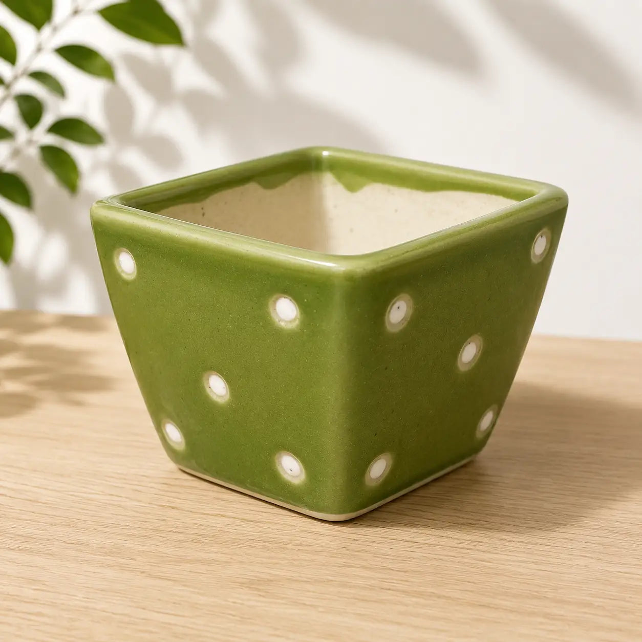White-Dotted Green Ceramic Planter