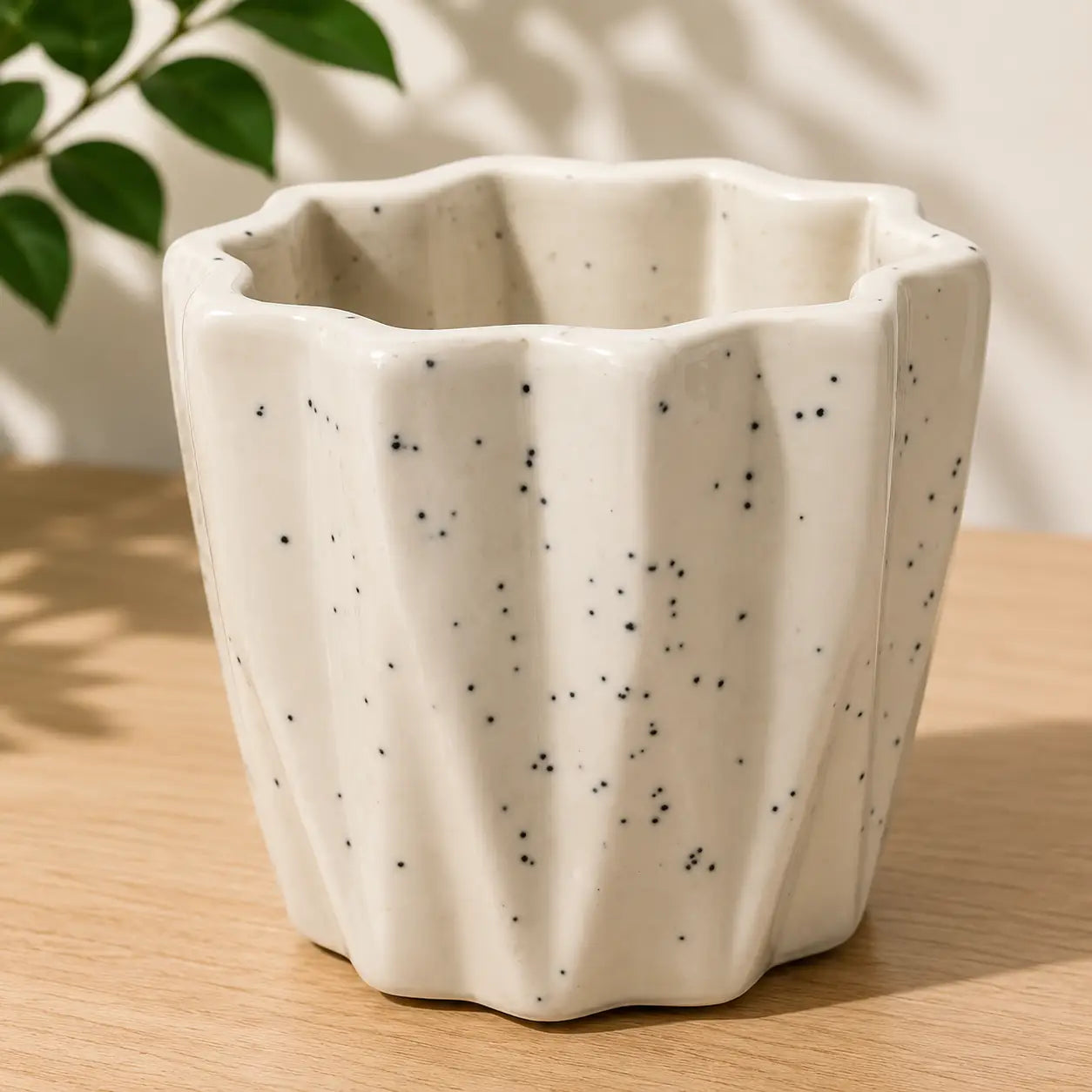 White Rectangular Ceramic Pot with Black Dots